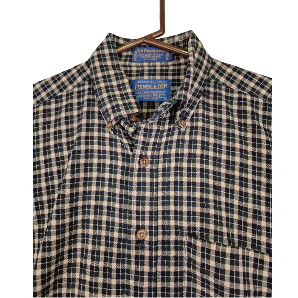 Pendleton Sir Men Green‎ Blue Plaid Check Worsted Wool Button Down Shirt Small